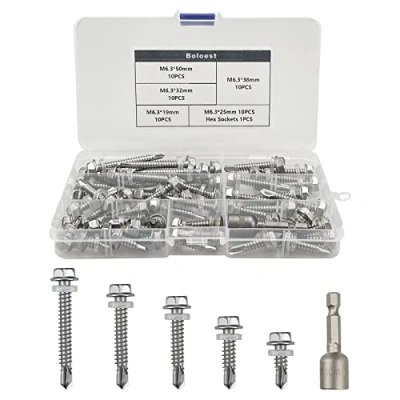 Immagine di 51pcs viti a testa esagonale M6.3 in acciaio inox autofilettanti con filettatura completa per coperture metallo, coda di rondine esagonali esterne, autoperforanti, dado setter, rondelle