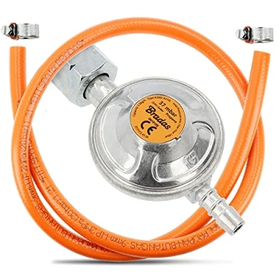 Immagine di BRADAS® Regolatore Gas riduttore di pressione 37 mBar 1,5 kg/h con tubo del 1 m lunghezza + 2 fascette stringitubo propano butano set collegamento Grill Camping