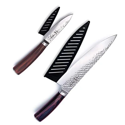 Immagine di hajegato set di coltelli da chef giapponesi professionali e cucina 7cr17 in acciaio inossidabile tedesco ad alto tenore carbonio, regalo 2 pezzi (Set 8&quot; &amp; 3.5&quot;)
