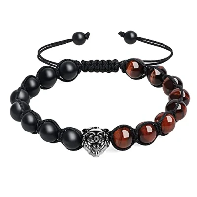 Immagine di COAI Bracciale da Uomo Regolabile con Perle in Onice Opaco e Occhio di Tigre Rosso Annodate a Mano Amuleto Leone