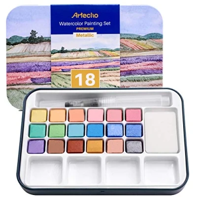 Immagine di Artecho Set per Pittura ad Acquerello con 18 Colori Metallizzati, tra cui Penna Acqua, Spugna e Cartella dei Vuota in Carta Acquerello, Custodia Leggera Portatile, Perfetto Regalo