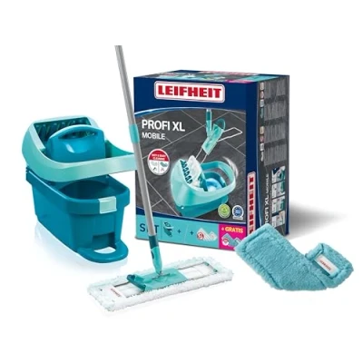 Immagine di Leifheit set lavapavimenti mop Profi XL manico 146 cm rotelle , 1x panno microfibra per tutti i pavimenti, elettrostatico, con strizzatore senza chinarsi, Click System