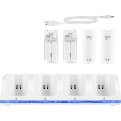 Immagine di SOONHUA Stazione di Ricarica Wii 4 in 1 Dock Controller con Batterie Ricaricabili E Indicatori Led per Telecomando Bianco