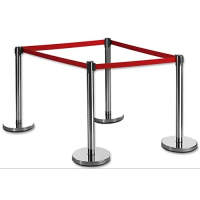 Immagine di Flexibar Set di 4 supporti per cintura (finitura argentata) con retrattile da 2 m, Ecoline, rossa palo barriera, barriere il controllo della folla