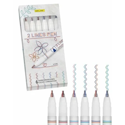 Immagine di Online Set di 6 penne a 2 linee colorate per letterare, disegnare, penna due colori multicolore