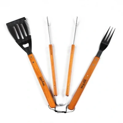 Immagine di MasterCook Set Accessori Professionali In Acciaio Inox E Legno Per Barbecue, Kit Bbq Con Pinza, Forcone Spatola, Barbecue