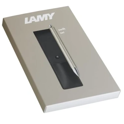 Immagine di Lamy Set regalo roller swift Palladium con sensazione di scrittura fluida involucro in metallo larghezza tratto B refill M 66 blue incl. e custodia vera pelle