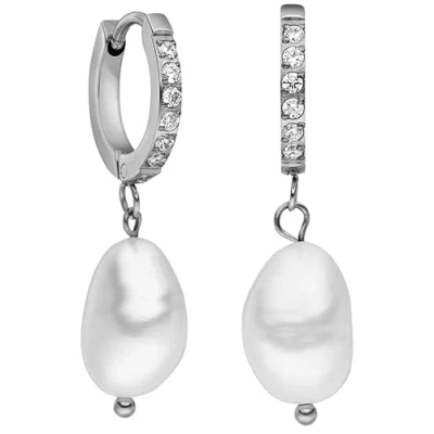 Immagine di Orecchini Malahi PURELEI® (argento), donna in acciaio inossidabile, Gioielli da durevoli, pendenti con ciondolo a perla e pietre, ideali come regalo, 13 mm di diametro