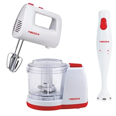 Immagine di Necchi frullatore 2 velocità asta staccabile lame SUS301, tritatutto con ciotola in plastica inox pulse, Sbattitore elettrico 5 coppie di fruste acciaio inox, Set da 3