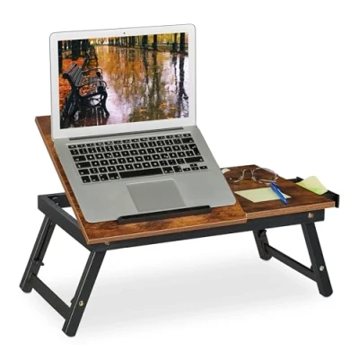 Immagine di Relaxdays Tavolino Porta Pc per Letto e Divano, Tavolo Notebook, in bambù, Regolabile Altezza, Marrone Scuro Nero, 23 x 61 35 cm