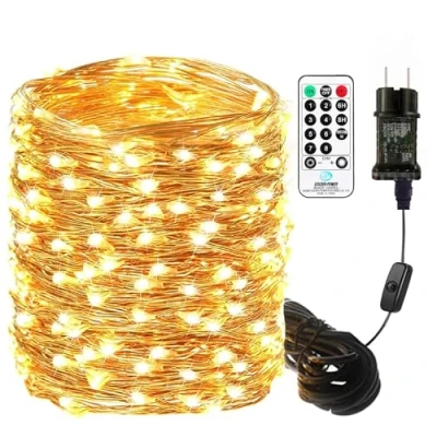 Immagine di Catena luminosa a LED da 30 m, in filo di rame, 300 LED, luce bianca calda, con spina e telecomando, impermeabile, IP65, decorazione interna per Natale, matrimonio, giardino, festa