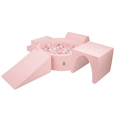 Immagine di KiddyMoon Area di Gioco in Schiuma con Tondo Piscina Palline (200 Palline) per Bambini, Rosa:Rosa Chiaro/Perla/Trasparente