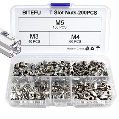 Immagine di BITEFU 200pz t nuts m3 m4 m5 scanalatura dado femmina in acciaio al carbonio placcato zincato dadi per cave a assortimento kit 2020 serie profilo alluminio standard europeo,argento