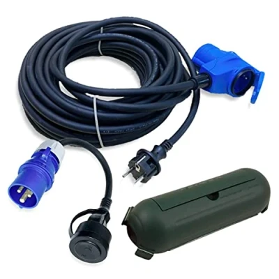 Immagine di Set di cavi adattatore CEE da 15 m con attacco angolare A spina Schuko + cavo e scatola protezione verde H07RN F 3 x 2,5 mm² 230 V 16 campeggio per camper, roulotte, barca