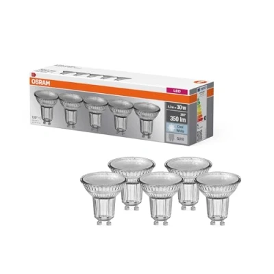Immagine di OSRAM LED BASE PAR16 50, riflettore lampade a in vetro per GU10 base, bianco freddo (4000K), sostituzione le tradizionali spot 50W, scatola di 5