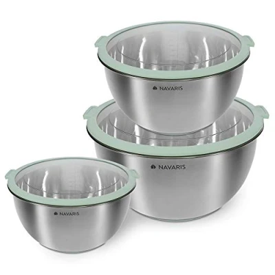 Immagine di Navaris 3X Ciotole Salvaspazio Salvafreschezza Recipienti Preparazione e Conservazione Alimenti con Base Antiscivolo Misure 1,4L 2,8L 4,7L