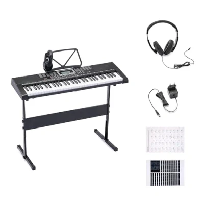 Immagine di Amazon Basics Pianoforte Digitale Portatile a 61 Tasti per Principianti, Altoparlanti Integrati, 255 Timbri e Ritmi, 50 Canzoni Demo, Leggio Cuffie Inclusi Nero