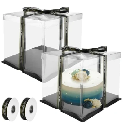 Immagine di REFORUNG 2 Pz Scatole per Torte Trasparenti Scatola Torta a Doppio Strato Quadrate da 8 Pollici Dolci Trasparente con nastri e Base Torte, Pasticceria