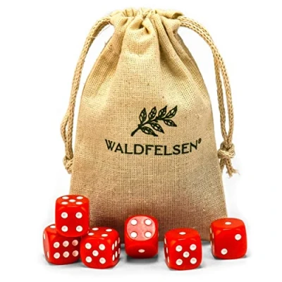 Immagine di Waldfelsen 6, 12, 20, 30 o 50 dadi di alta qualità, dimensioni standard 16 mm, acrilici, da gioco, 6 lati, set accessori gioco con sacchetto stoffa (rosso, pezzi)