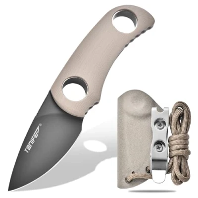 Immagine di TONIFE Runer Full Tang Coltello da Caccia campeggio a Lama Fissa 4,7cm con Guaina Kydex Regolabile Facile Portabile Cordino in Paracord per Sopravvivenza (Sabbia Calda+Gary Titanio)