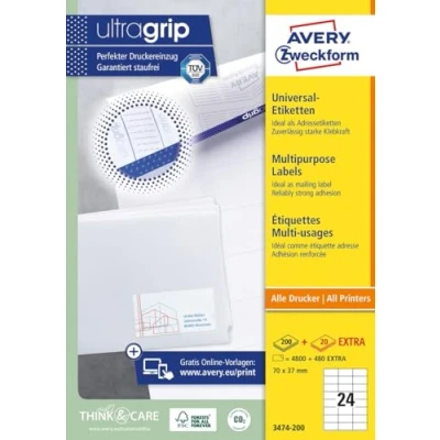Immagine di Avery Zweckform 3474 200 Etichetta universale 70 x 37 mm Carta Bianco 5280 pz. a tenuta permanente Stampante laser colori