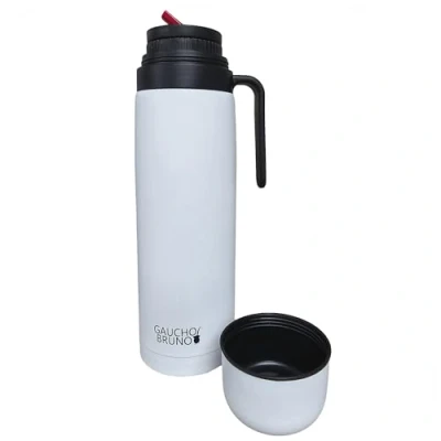 Immagine di Gaucho Bruno Yerba Mate Contenitore termico per bevande con beccuccio di precisione, manico e coperchio a vite, isolato calde fredde, in acciaio inox rivestito bianco, capacità 1
