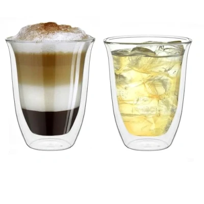 Immagine di Creano Bicchieri a Doppia Parete 400ml DG V, Grande Bicchiere Thermos in Vetro borosilicato, da caffè, tè, Latte 2X 2 Pezzi (Confezione 1)