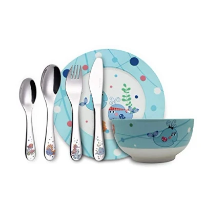 Immagine di Exzact Bambini Set da Tavola/Posate Regalo 6 Pezzi in Acciaio Inox 1x Scodella, Piatto, Coltello, Forchetta, Cucchiaino, Cucchiaio WF712 6GFT SEA