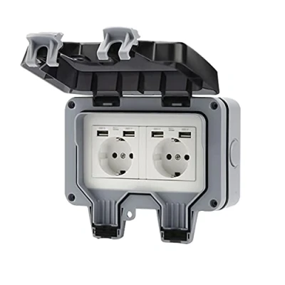 Immagine di AYYDS presa esterna con connettore USB IP66, resistente alle intemperie, da giardino, a parete, contatto di protezione per interni ed esterni, coperchio ribaltabile