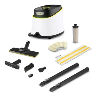 Immagine di Kärcher SC 3 Deluxe EasyFix Pulitore a Vapore, VERSIONE BIANCA, Pressione 3,5 bar, Riscaldamento 30 sec, Potenza 1.900 W, Area di Lavoro 75 m², Serbatoio da 1L, Incl. kit pulizia pavimenti e ugelli
