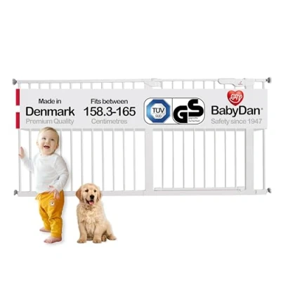 Immagine di BabyDan Premier, cancelletto extra largo per scale, copre aperture tra 158,3 165 cm, cancello di sicurezza bambini, in metallo, bianco, prodotto Danimarca, (cancello animali