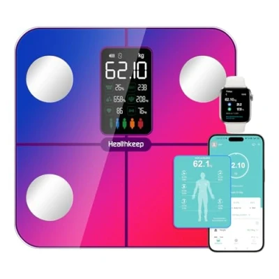 Immagine di bilancia per grasso corporeo, digitale, con corporeo e massa muscolare, 15 dati corporei, misurazione della frequenza cardiaca, Apple Android, arcobaleno