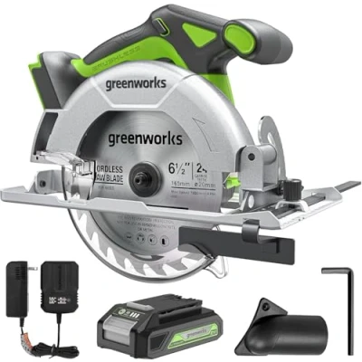 Immagine di Greenworks Kit sega circolare senza spazzole da 24 V, 4.800 giri/min, profondità di taglio regolabile 45/90, con batteria 24V 2Ah e caricabatterie