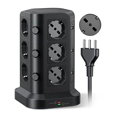 Immagine di KOOSLA Ciabatta Elettrica con 12 Prese Universali ITA 10/16A e Schuko 6 slot USB A(4000W/16A), Multipresa verticale protezione sovratensione 3 interruttori indipendenti, 2M Cavo, Nero