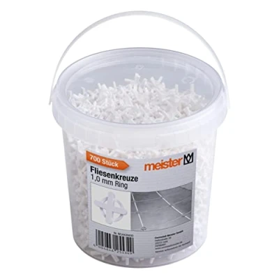 Immagine di Meister Distanziatori per piastrelle da 1,0 mm, pratico set 700 pezzi, riutilizzabili con anello, in robusto polipropilene, colore bianco, accessori la posa delle piastrelle, croci fughe,