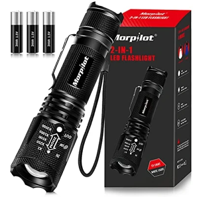 Immagine di morpilot Torcia UV 2 in 1, LED Luce Nera 500 Lumen, Messa a Fuoco Regolabile, Rilevatore di Urina e Banconote da Compagnia, Impermeabile IPX4, con 3 Batterie, nero