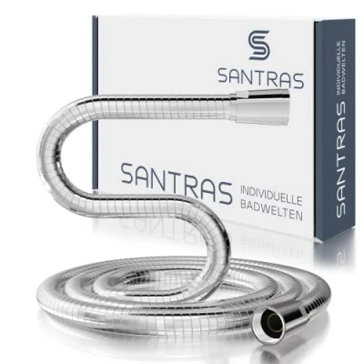 Immagine di SANTRAS® Flessibile doccia PREMIUM cromo 2m con risparmio d&#039;acqua Particolarmente e resistente alle torsioni FLOW LIMITER in look acciaio inox materiale Easy Clean