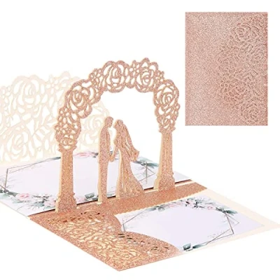 Immagine di AIYONG Biglietto matrimonio,3D Pop Up Matrimonio Carta, d&#039;auguri con Busta, Abbracciare Gli Sposi, per Valentine&#039;s Day e Auguri (dorata)