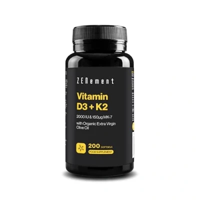 Immagine di Vitamina D3 K2 Mk7 Menachinone, 200 Softgels (7 Mesi), 2000 UI + K 150 μg Supporta Ossa, Denti, Muscoli, Articolazioni e Sistema Immunitario Zenement