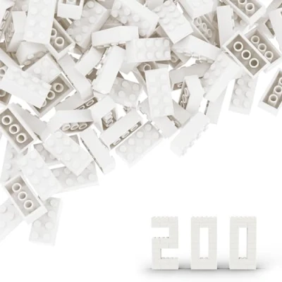 Immagine di TTEHGB TOY Mattone classico in massa, 2 x 4, 200 pezzi, bianco, compatibile con tutte le grandi marche, appassionati di MOC, colori: bianco