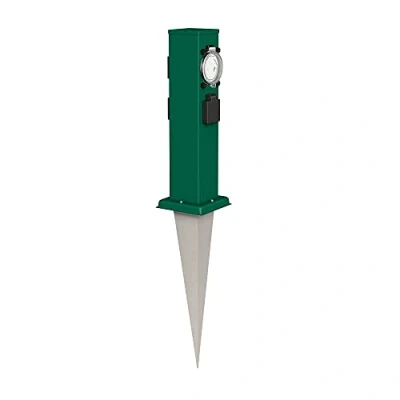 Immagine di ledscom.de Presa di corrente da giardino Polly con picchetto a terra per esterni, IP44, 3 vie timer/timer, verde, quadrata, 38cm