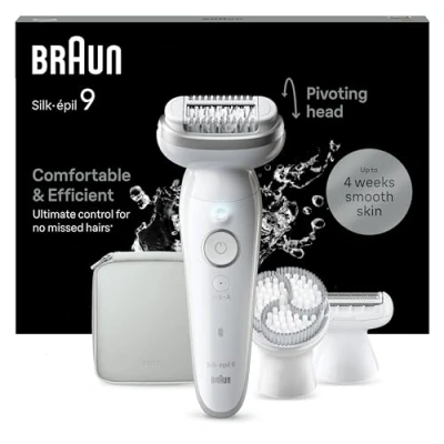 Immagine di Braun Silk épil 9 Depilatore Donna, Epilatore Elettrico Donna Con Testina Flessibile Per Una Epilazione Semplice, Wet &amp; Dry, Pelle Liscia a Lungo, 061, Bianco/Argento