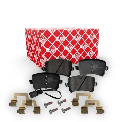 Immagine di FEBI BILSTEIN 172168 Kit pastiglie freno Assale posteriore con contatto segnalazione usura materiale di fissaggio AUDI: Q3