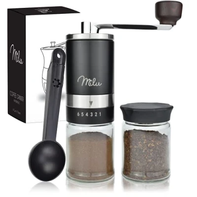 Immagine di Milu Macina Caffè manuale con contenitore extra, Macinacaffe portatile professionale da mano, Regolabile Grinder in Ceramica Burr, Macinino Per Chicchi di o Spezie (Nero)