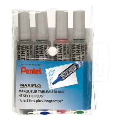 Immagine di Pentel Maxiflo MWL6 Confezione da 4 pennarelli per lavagna bianca con punte a scalpello, misura grande, colore: Nero/Blu/Rosso/Verde