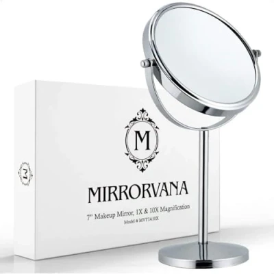 Immagine di Mirrorvana Specchio Trucco Ingranditore 10X / 1X, da Tavolo Bagno, Specchietto Telescopico x10 per Truccarsi, Appoggio, 18cm (Cromato)
