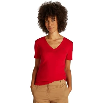 Immagine di Tommy Hilfiger Slim Cody V Nk SS Ww0Ww40584, Top in Maglia a Maniche Corte, Donna, Rosso (Primary Red), S