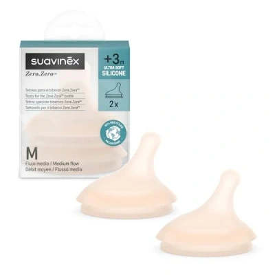 Immagine di Suavinex, Confezione da 2 Tettarelle per Biberon Anti Coliche Zero Zero, Flusso Medio (M), Liquidi a Media Densità, Latte, Succhi o Alimenti +3 Mesi,