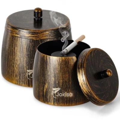 Immagine di Posacenere Set di 2 da Esterno, Retrò in Acciaio Inox con Coperchio per Uso Interno ed a Vento Base Antiscivolo Bar e Balconi Giardino (L)