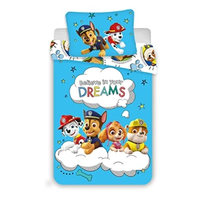 Immagine di Paw Patrol Believe in Your Dreams Set copripiumino blu per bambini con Marshall Rubble Skye Chase 100 cm x 135 Federa 40 60 100% cotone Ragazzi Ragazze